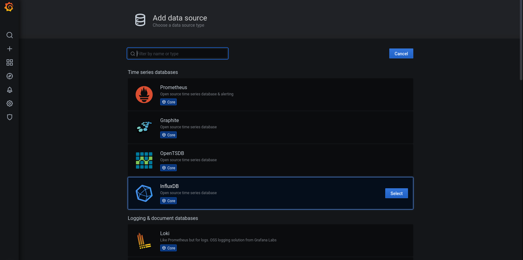 An screenshot of the Grafana web interface. The data source dialog is opened, and the InfluxDB entry is selected.