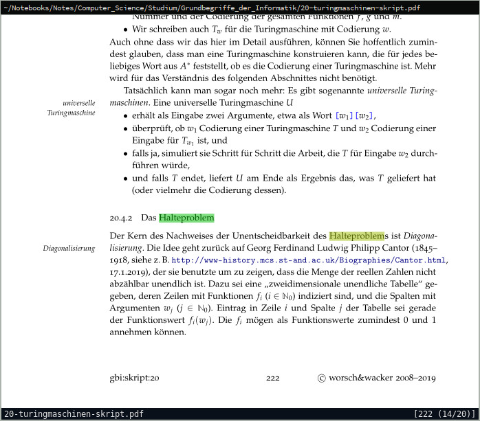 Screenshot von Zathura mit einem geöffnetem Dokument, in dem das Wort Halteproblem gelb hinterlegt ist